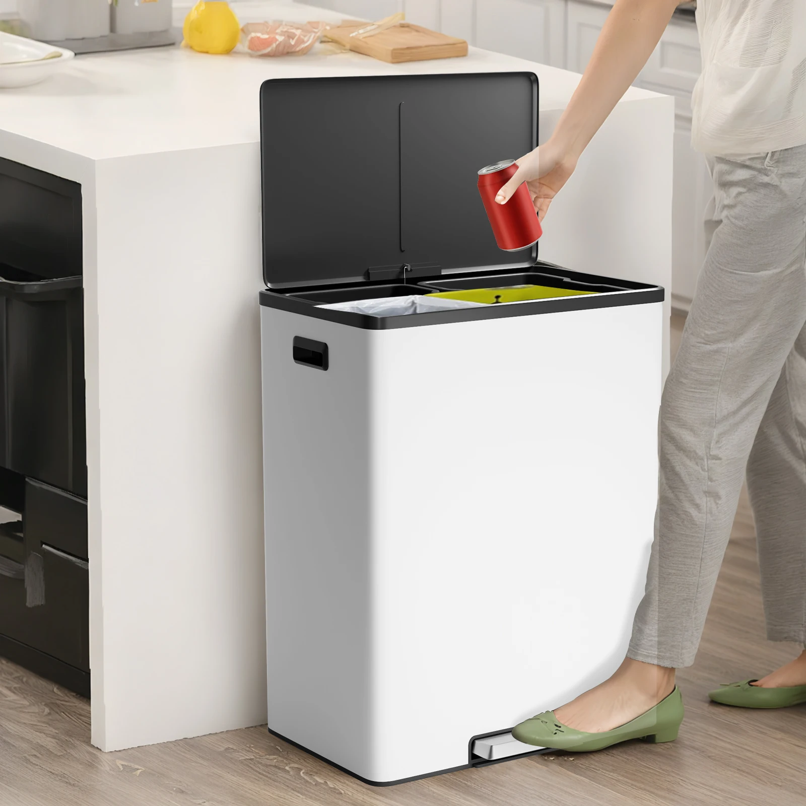 16 Gallon/60L Dual Compartment Stainless Steel Trash Can, Soft-Close Pedal, Bag Lock, Removable Inner Bins, Fingerprint & Smudge Resistant, Commercial Bin for Kitchen, Office, Public Spaces, Silver/White/Black