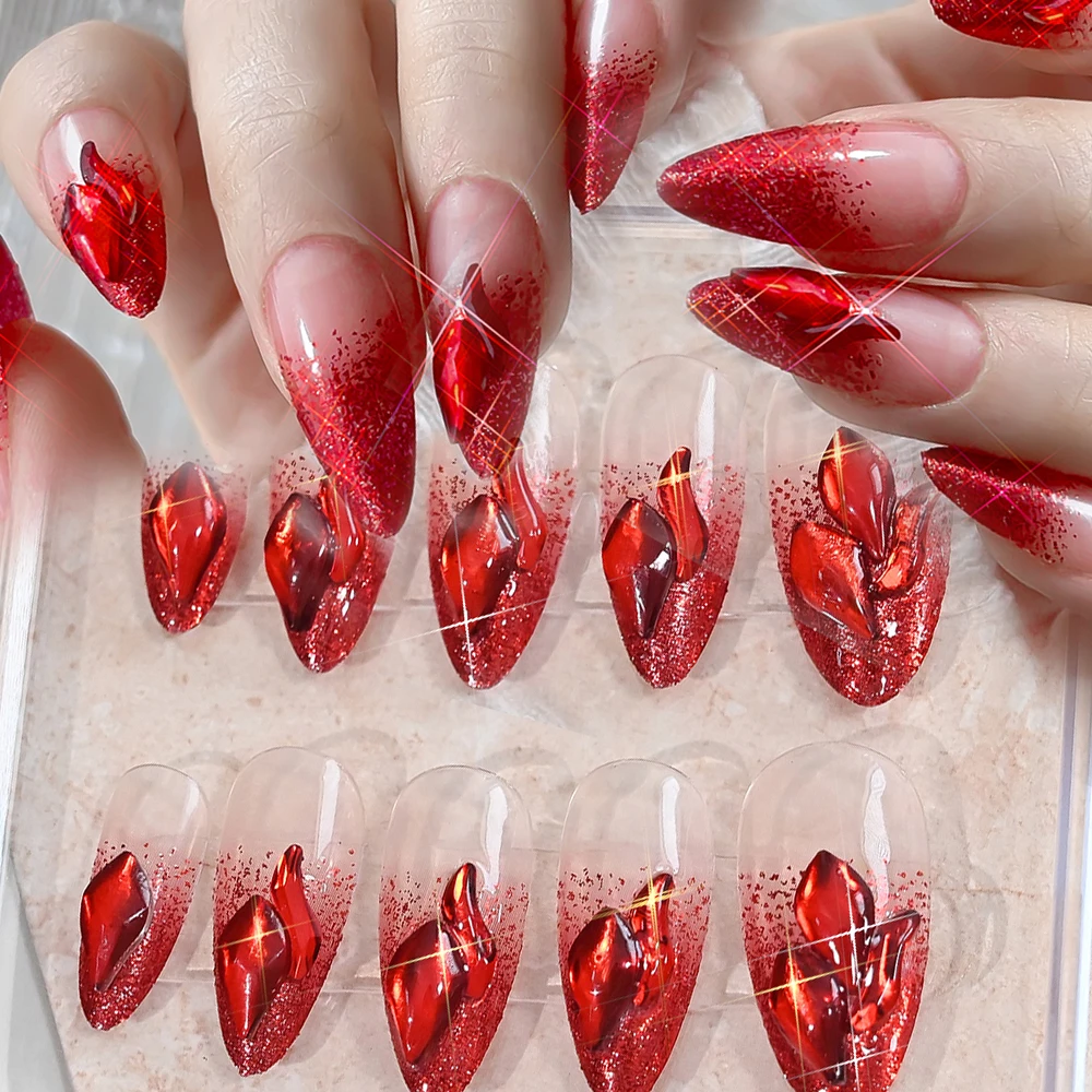 24Pcs Luxury Red Crystal Short Almond Fake Nails Valentine's Day Red Rhinestones Nail Tips Full-Cover Wearable Press On Nails
