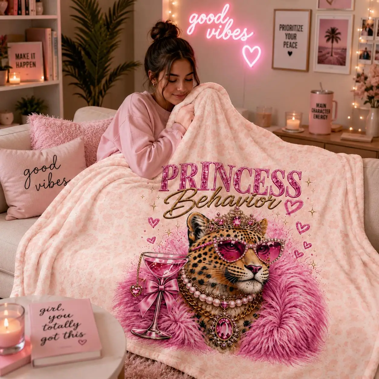 Princess Behavior Good Vibes Pink Throw Blanket Cozy Cute Leopard Print Gift for Her