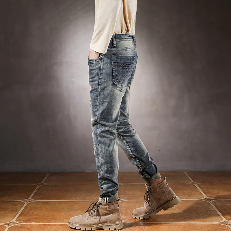 Spring/Summer New Men's Trendy Brand European and American Ripped Patch Retro Slim Fit Pants Skinny Jeans Men