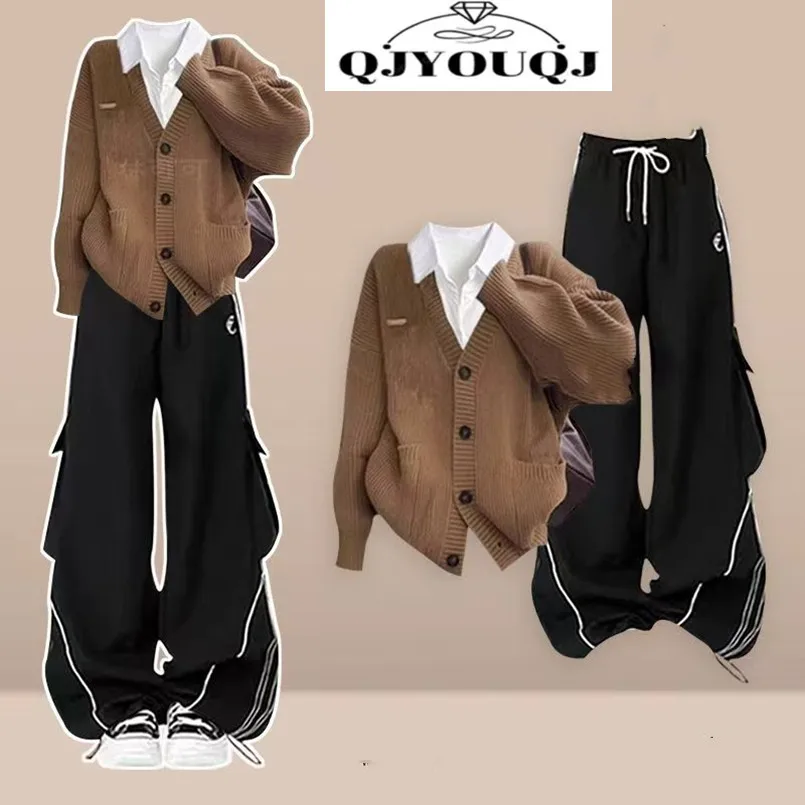 

Casual Women's Set Spring and Autumn New Korean Knitted Sweater White Shirt+Black Work Pants 3-Piece Set