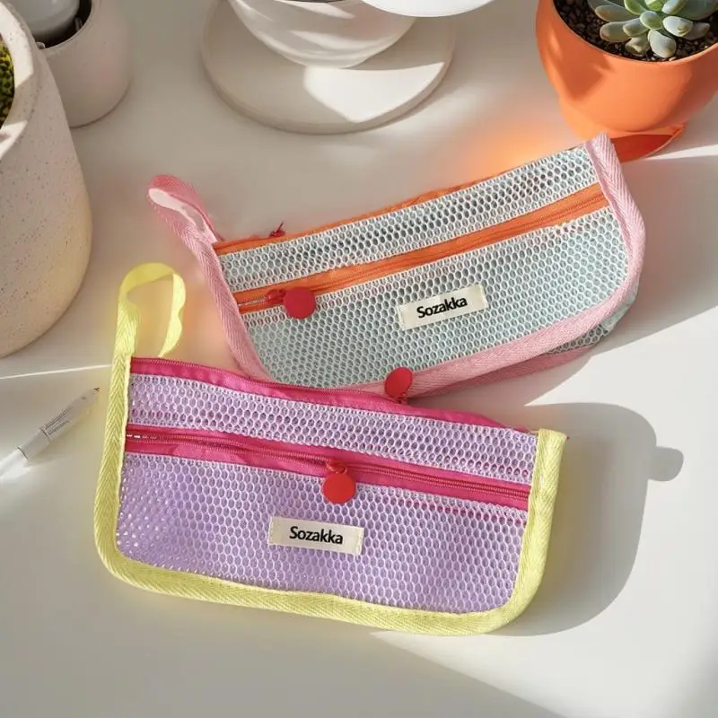 多用途のかわいいメッシュペンシルポーチ、コントラストカラーの大容量収納バッグ。