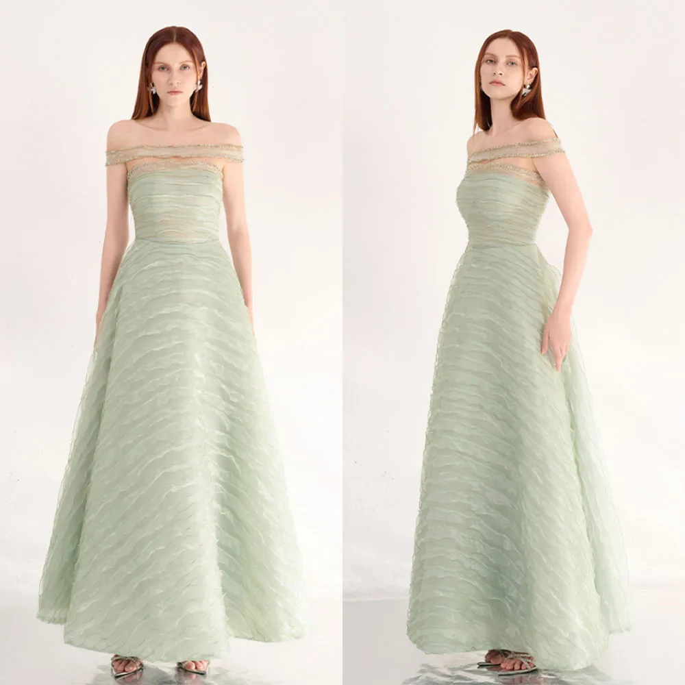 

High Quality Customized Ankle Length Pleat Strapless A-line Sleeveless Green Vestidos De Fiesta Para Bodas Dress for Women فستان