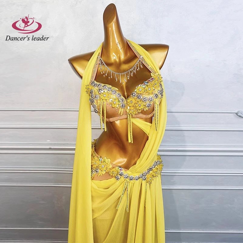 Belly Dance Clothing Rhinestone Women's High-end Pearl Hanging Neck Yellow Flower Bra American Samba Dress Performance Dress