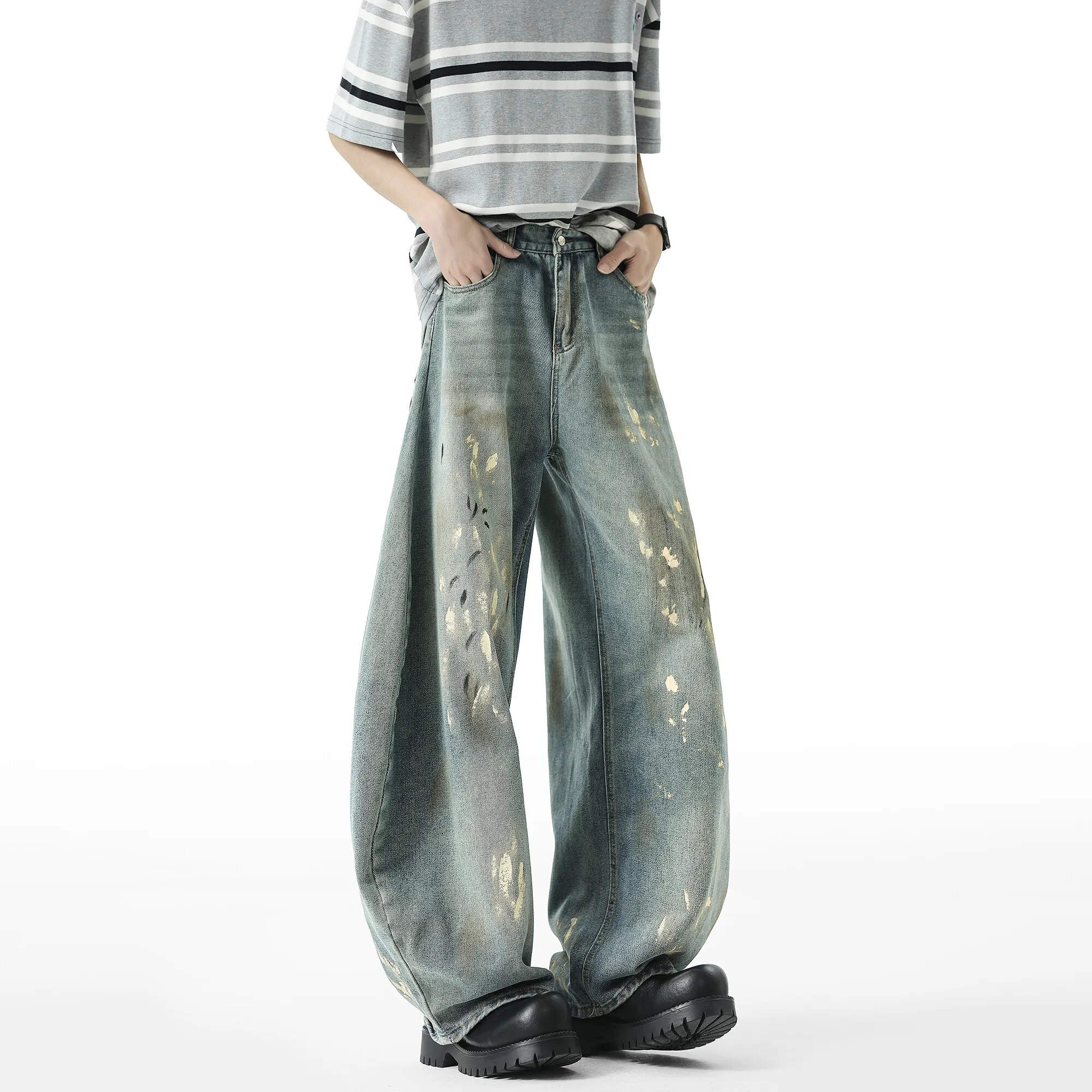 Men Blue Washed Denim Jeans Loose Fit Wide Leg Baggy Streetwear Casual Trousers Hip Hop Graffiti Design Fashion Stretch Comfort