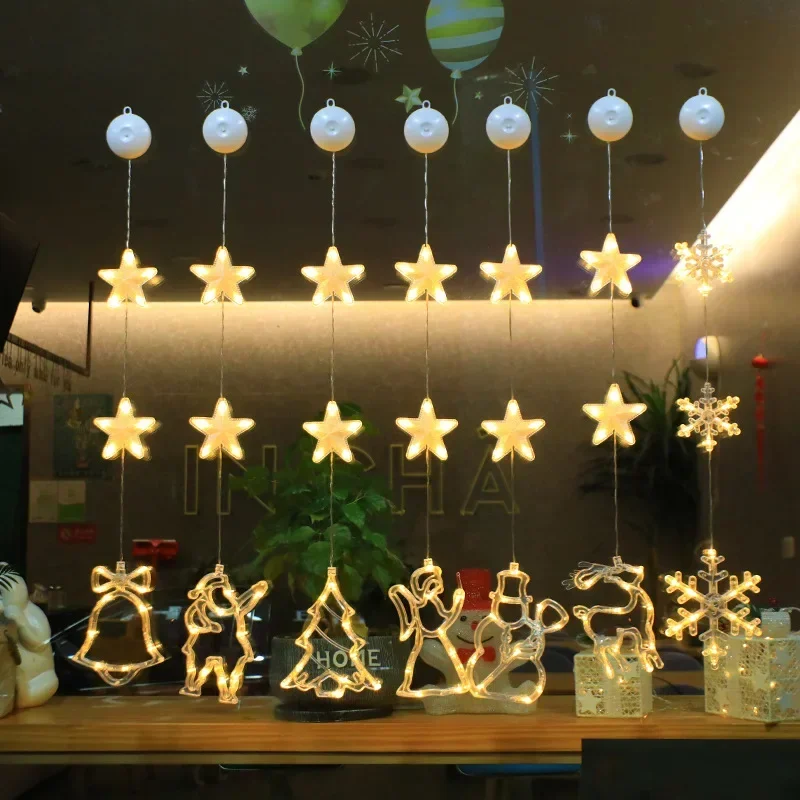 Christmas Decorations Snowflake Star Led Lights Suction Cup Lamp for Xmas Tree Pendant New Year Home Window Hanging Ornaments