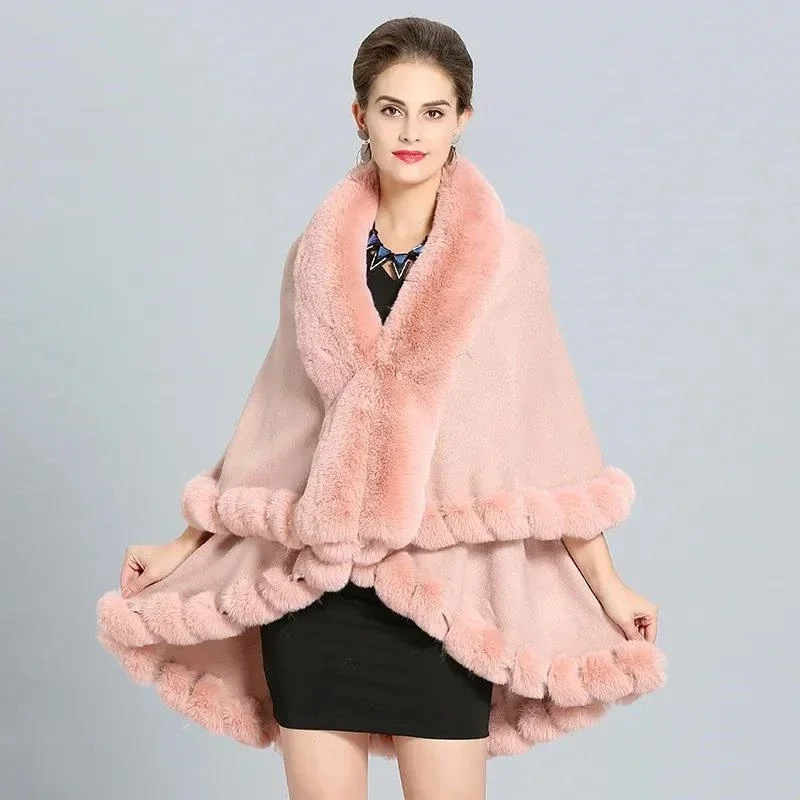 

10 Colors 2 Layers Women Winter Cappa Shawl Big Faux Rex Rabbit Fur Collar Long Knited Poncho Overcoat Wraps Fur Pashmina Cloak