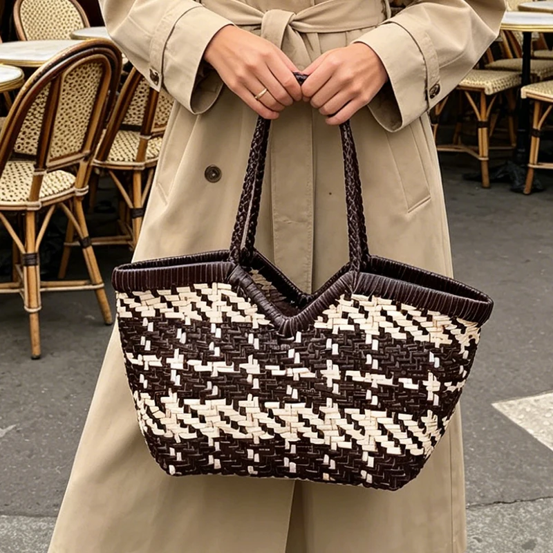 

French-style Retro Shoulder Bag, Large Capacity Woven Commuter Travel Bag, Understated Elegant Luxury Genuine Leather Tote Bag