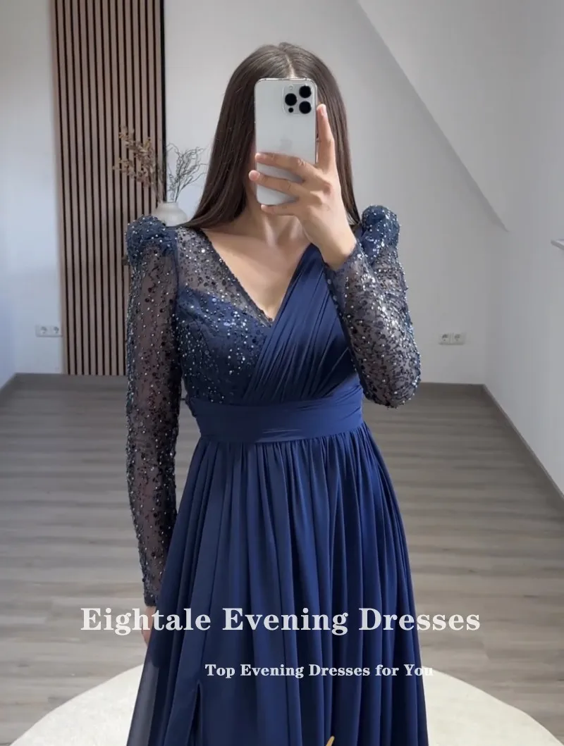 Eightale Elegante Abendkleider, Marineblau, Glitzer, V-Ausschnitt, maßgeschneidert, Chiffon, lange Ärmel, Abschlussball-Partykleid, Robes de Soirée