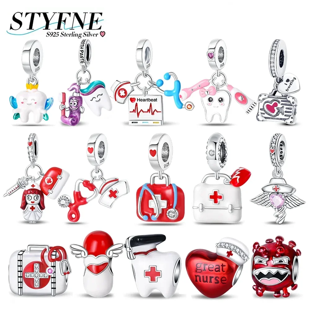 Breloques de la série Médicale Dentaire en Argent 925 Plaqué, Perles Armoire à Médicaments Rouge, Pendentif Stéthoscope, Compatibles avec Bracelet Original, Bijoux DIY