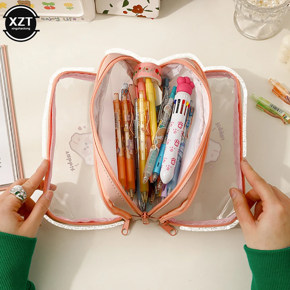 Three Layers Cute Pencil Bag Transparent PVC Student Cartoon Pencil Case Large Capacity Kawaii Bag Korean style Stationery