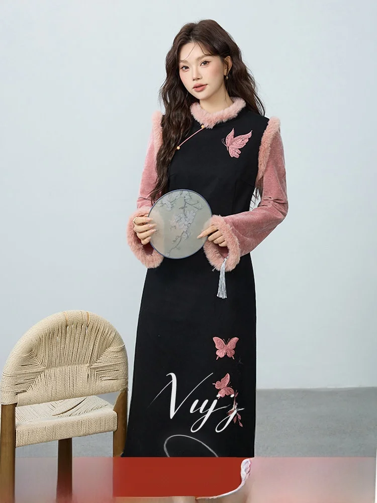 

plus Size Women's Qipao Dress Slimming Chinese Style Winter Fashion High-End Feel New Chinese Style Long Sleeve Zipper Back