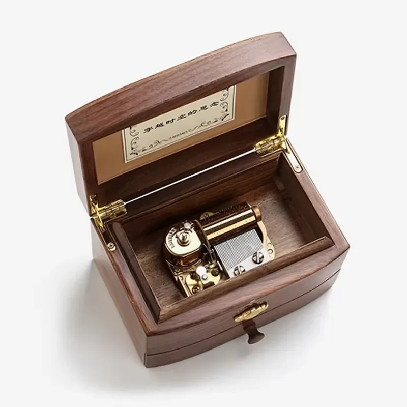 Multi Functional Dark Color Walnut Wood Storage Box with Flip Lid Double Layer Wood Music Box for Gift