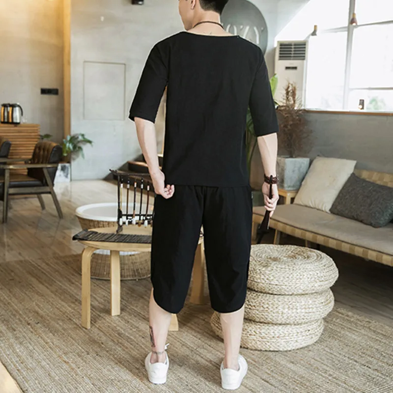 Japanese Style Kimono Short-Sleeved T-shirt Pants Two Piece Men Tops Trousers Suits Male Japan Harajuku Yukata Cardigan Costume