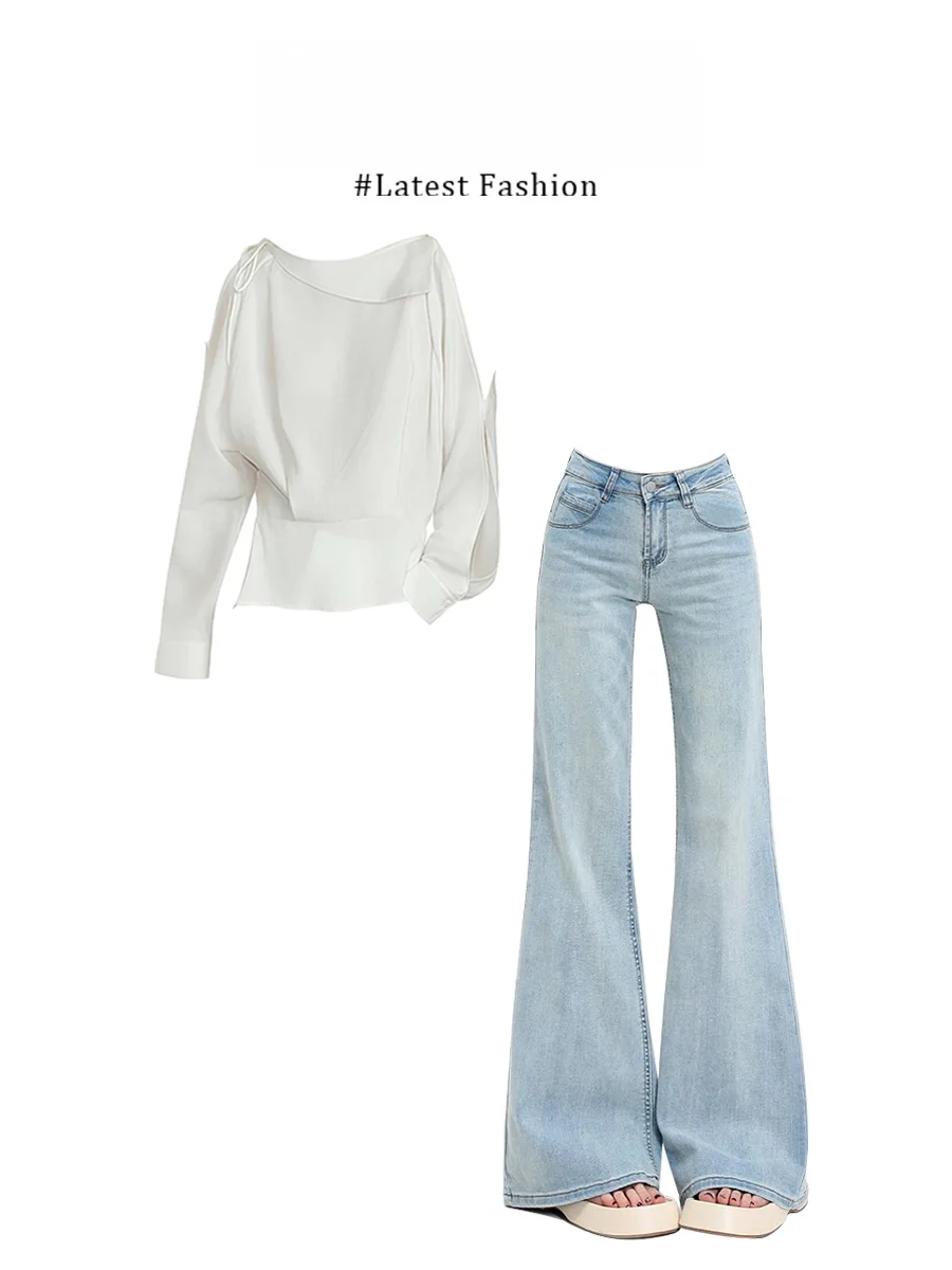 

Summer Soft Style Shoulder Bared Wide Leg Jeans Set Parkyeon Unique Design Casual Fashion T-Shirt And Jeans Outfit for Women