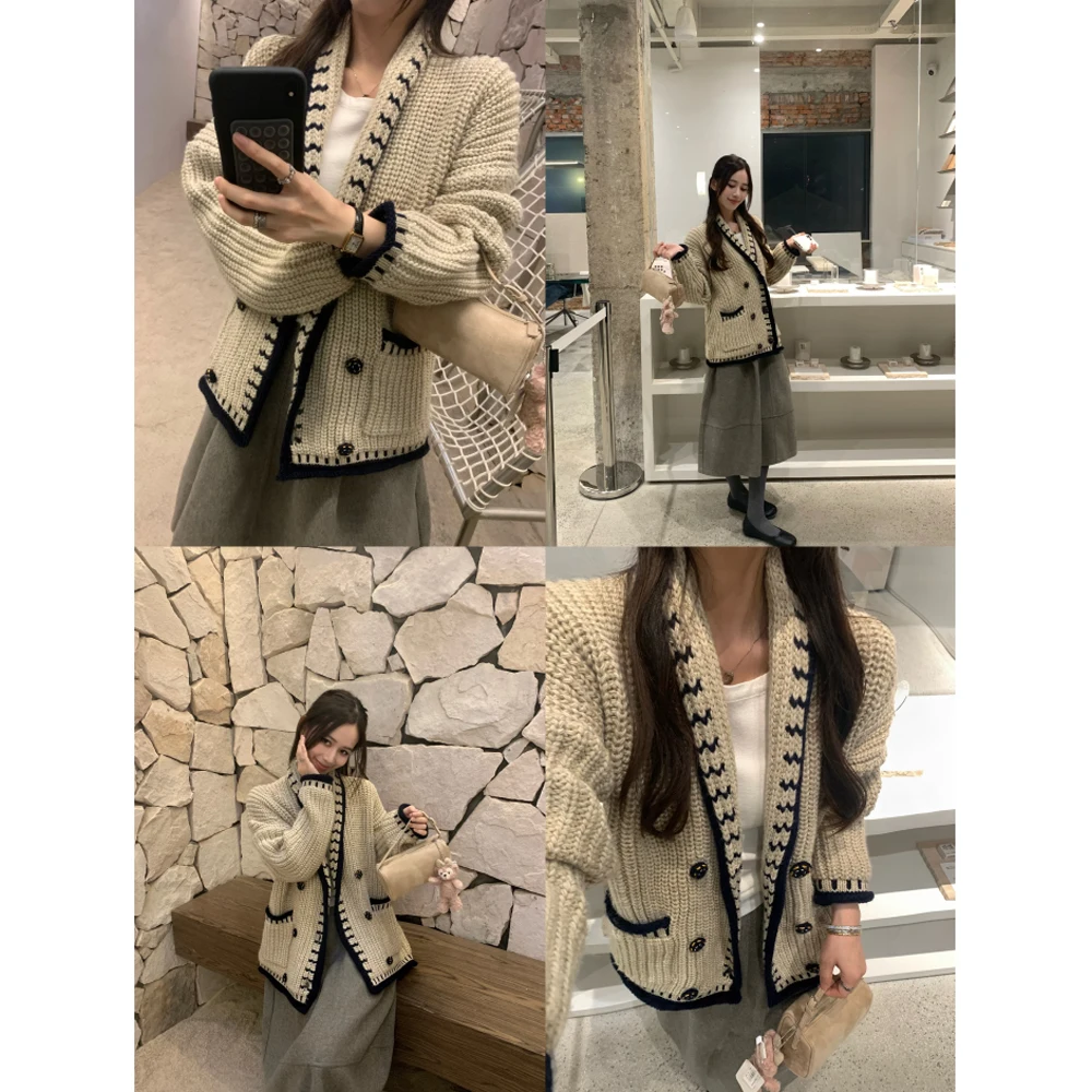 

Женский утепленный вязаный свитер-кардиган PiJiUu, светло-хаки, крупной вязки, осенне-зимний, новый, для повседневной носки, с длинными рукавами