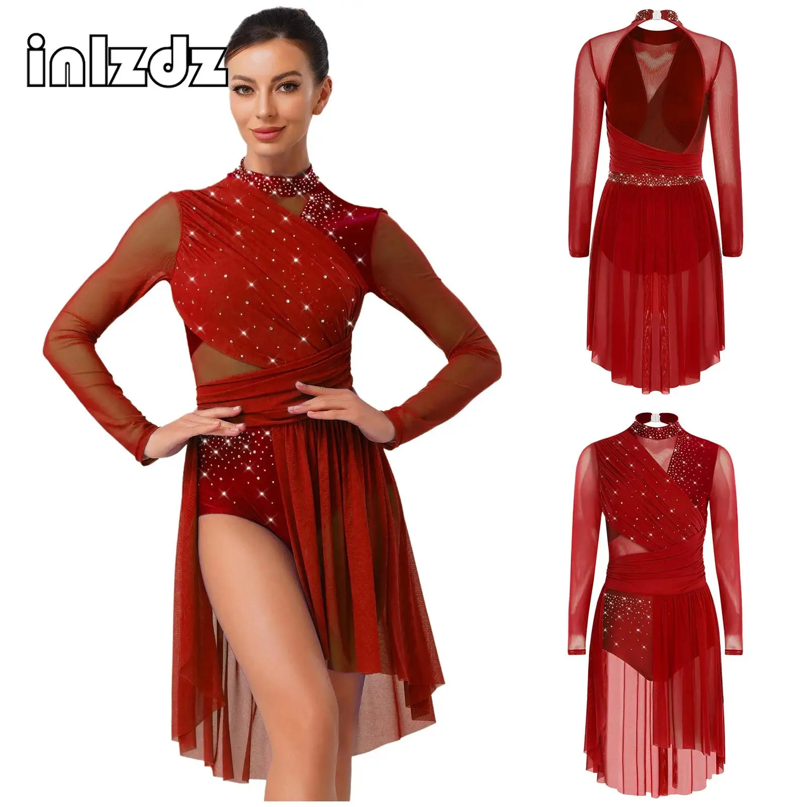 

Womens Lyrical Figure Skating Glittery Rhinestone Dress Long Sleeve Ruched Backless Leotard Dress Contemporary Dance Costumes
