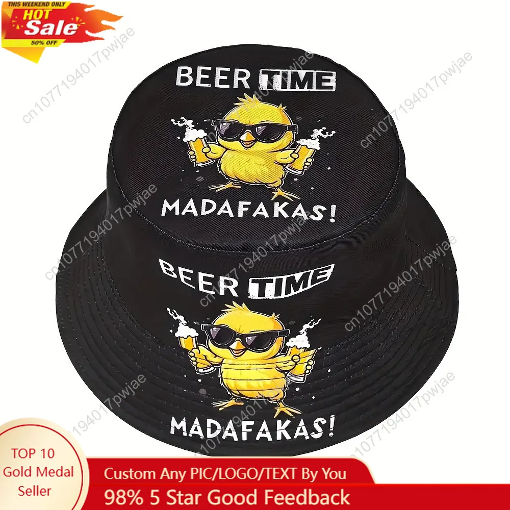 

Funny Duck & Beer Print Bucket Hat - Lightweight Foldable Unisex Cap with Adjustable Strap, Cartoon Fashion Glasses Duck Design
