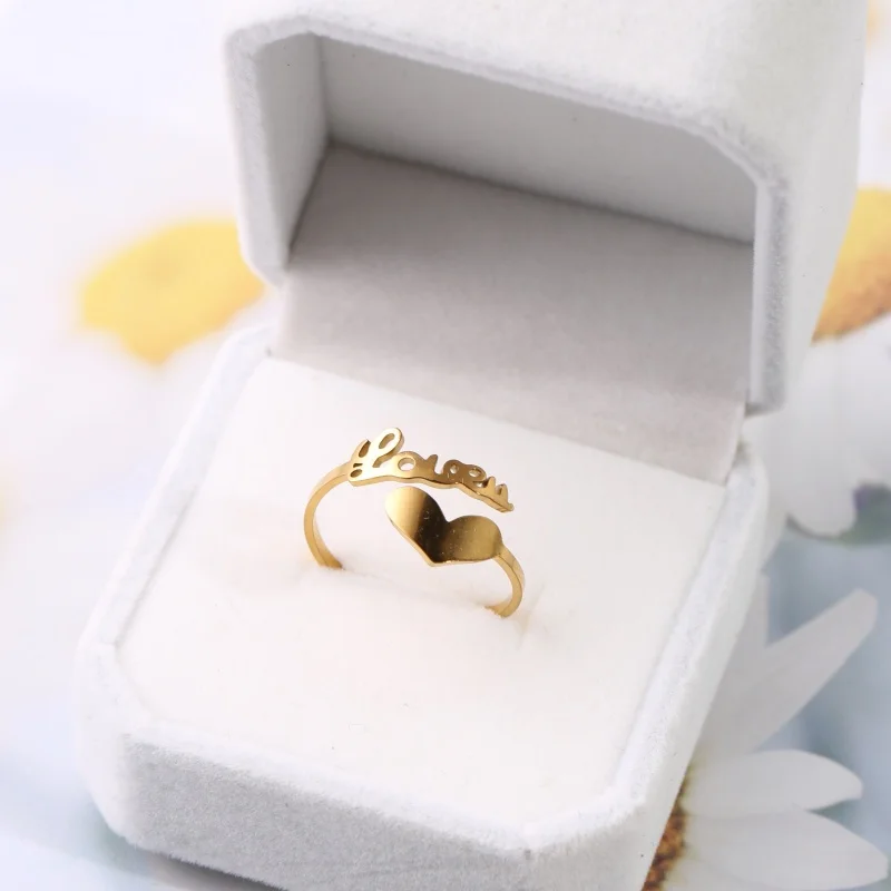 1 piece stainless steel 18K gold-plated heart-shaped hollow letter open ring, simple three-dimensional heart ring, sweet and gentle love ring