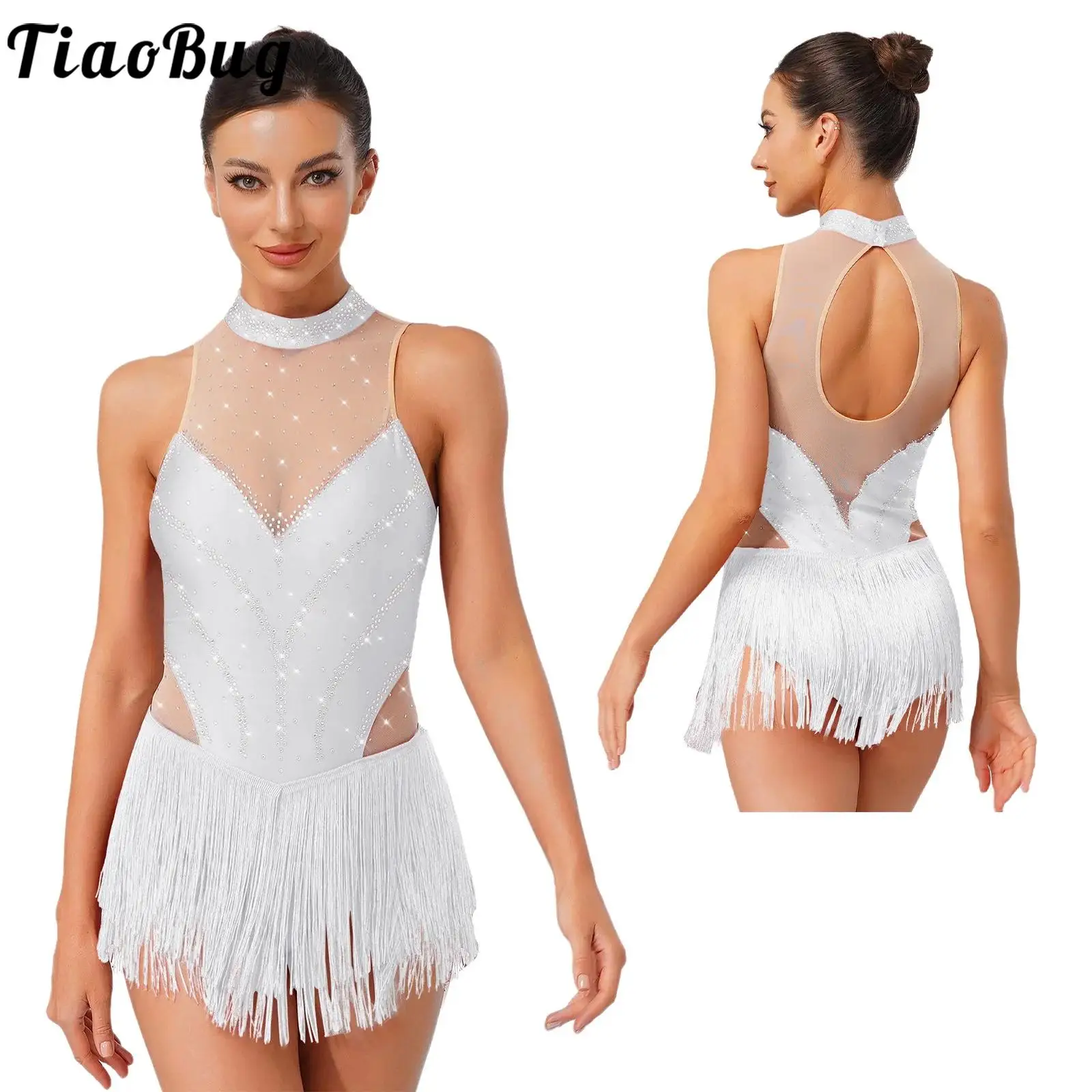 

Women Latin Figure Skating Leotard Tango Chacha Dancewear Sleeveless Back Keyhole Tassel Fringe Skirt Bodysuit Dress Performance