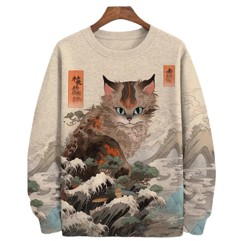 Japanese Style Cat Printed Sweatshirts & Hoodies For Men Autumn Winter Long Sleeve O Neck Hoody Harajuku Top Men Clothing 5XL