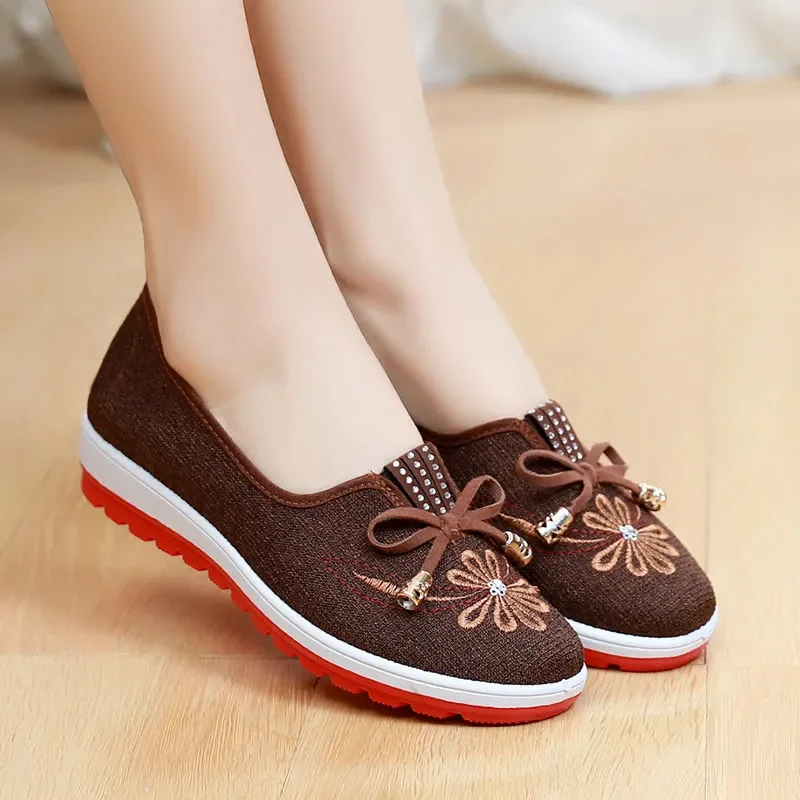 Women Fashion Bow Tie Brown Light Weight Anti Skid Flat Shoes Chinese Traditional Comfort Spring Summer Flat Shoes Zapatos A45