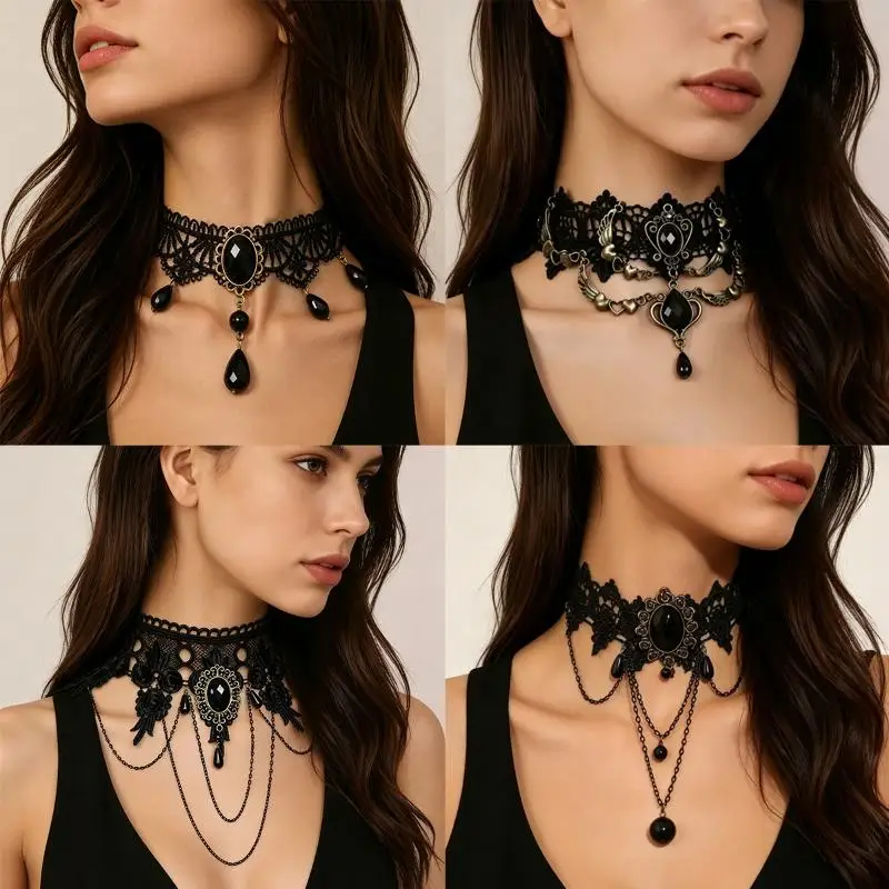 Neue Sexy Gothic Choker Kristall Schwarze Spitze Halskette Vintage Damen Choker Steampunk Schmuck – Detail 2