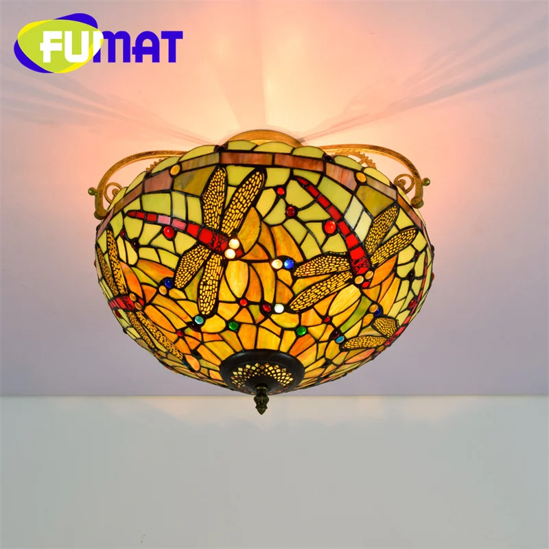 FUMAT Tiffany 16inch vintage style Dragonfly stainedglass flush mount light deco the dining room bedroom hallway ceiling light