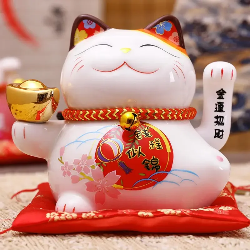 5 Inch Ceramic Fortune Cat Waving Hand Lucky Cat Plutus Cat Battery Powered Feng Shui Maneki Neko Best Gift Home  Decoration