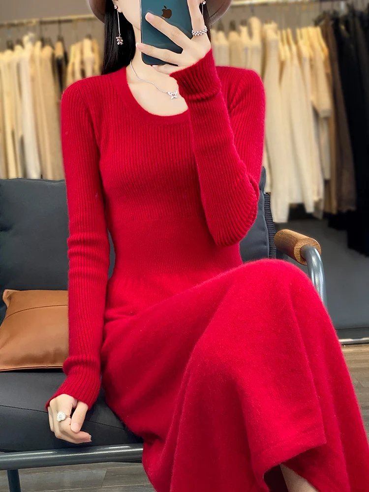 Autumn New 100% Wool Knitted Dress Women U-Collar Over Knee Hip Long Skirt Fashion Slim Sweater Loose High-Waisted A-line Skirts