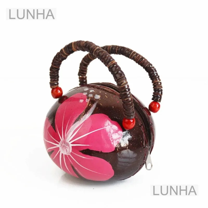 Vintage Handbag Handmade Coconut Shell Spherical Bag Floral Hand-painted Unique Fashion Handbag