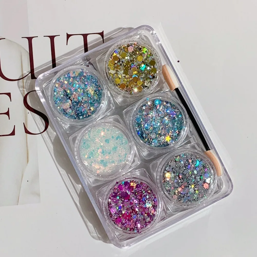 เจลกลิตเตอร์แต่งตา 6 ชิ้น/ชุด สีสันสดใส กลิตเตอร์รูปหัวใจ ดาว พระจันทร์ สำหรับตกแต่งตัว เล็บ หน้า และผม