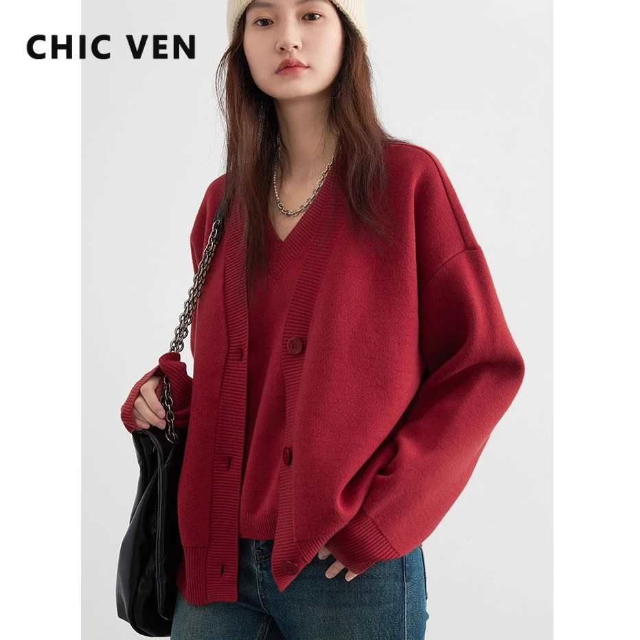 

CHIC VEN Fashion Women Cardigan Loose Casual Knitted Sweaters Thick Warm V-neck Long Sleeved Girl Jumpers Autumn Winter 2025
