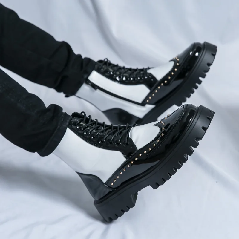 أسود أبيض كلاسيكي حذاء من الجلد الرجال مريح منصة رجالي فستان الأحذية حجم كبير 46 بريق الجلود أحذية كاجوال رجل بوتاس هومبر #3