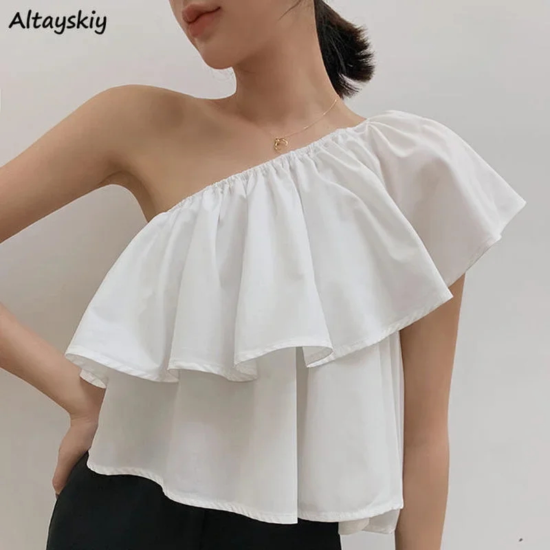 Sleeveless Blouses Women Solid Folds Skew Collar Crop Top Slim Thin Summer French Style Classic Gentle Design Sexy Mujer Ins New