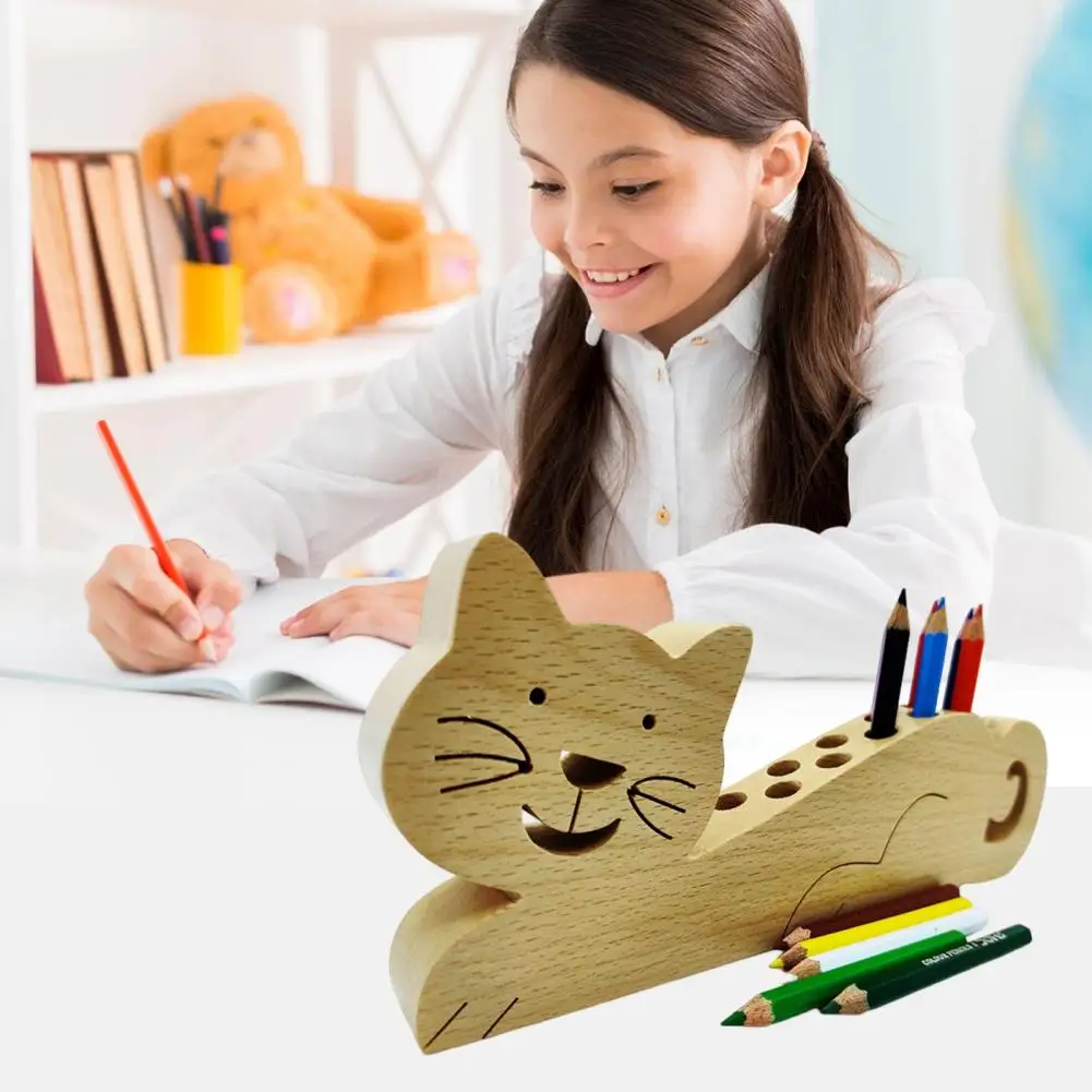 Wooden Cat Crayon Holder 11 Holes Multifunction Marker Pen Pencil Organizer Display Stand Home Office Desktop Decoration Christm