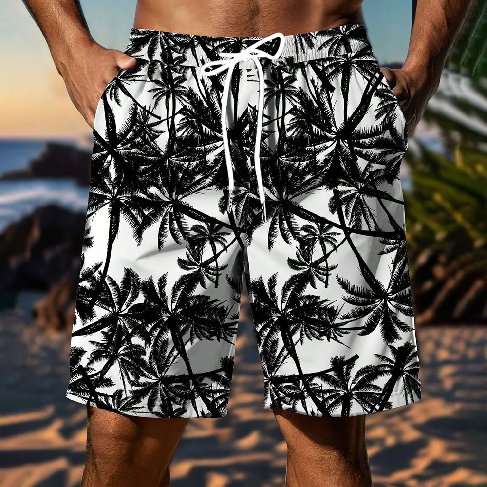 Summer Men\'s Vacation Loose Beach Shorts Drawstring Quick Dry Coconut Tree Print Surf Shorts Casual Oversized Sport Short Pants