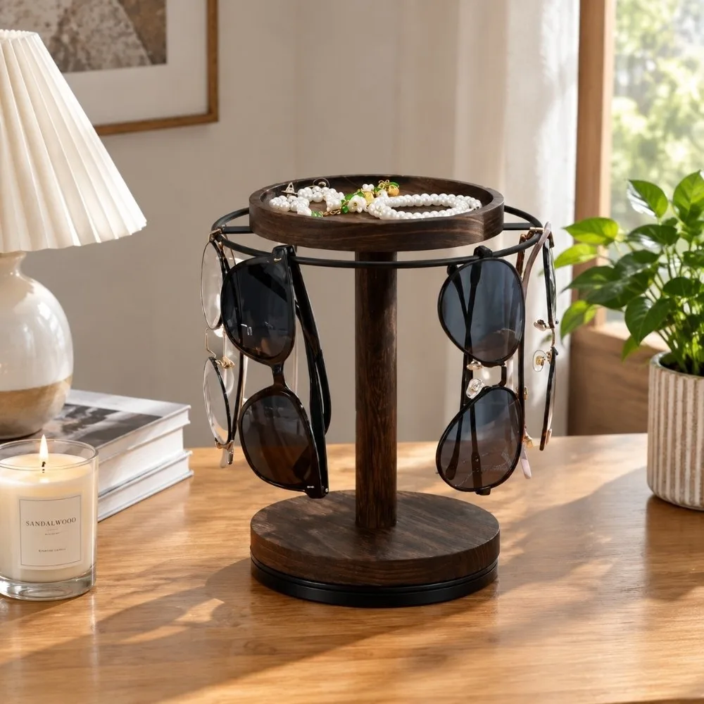 Convenient Eyeglasses Display Stand With Tray Rotating Wooden Storage Rack Space Saving With Base Jewelry Organizer Desktop