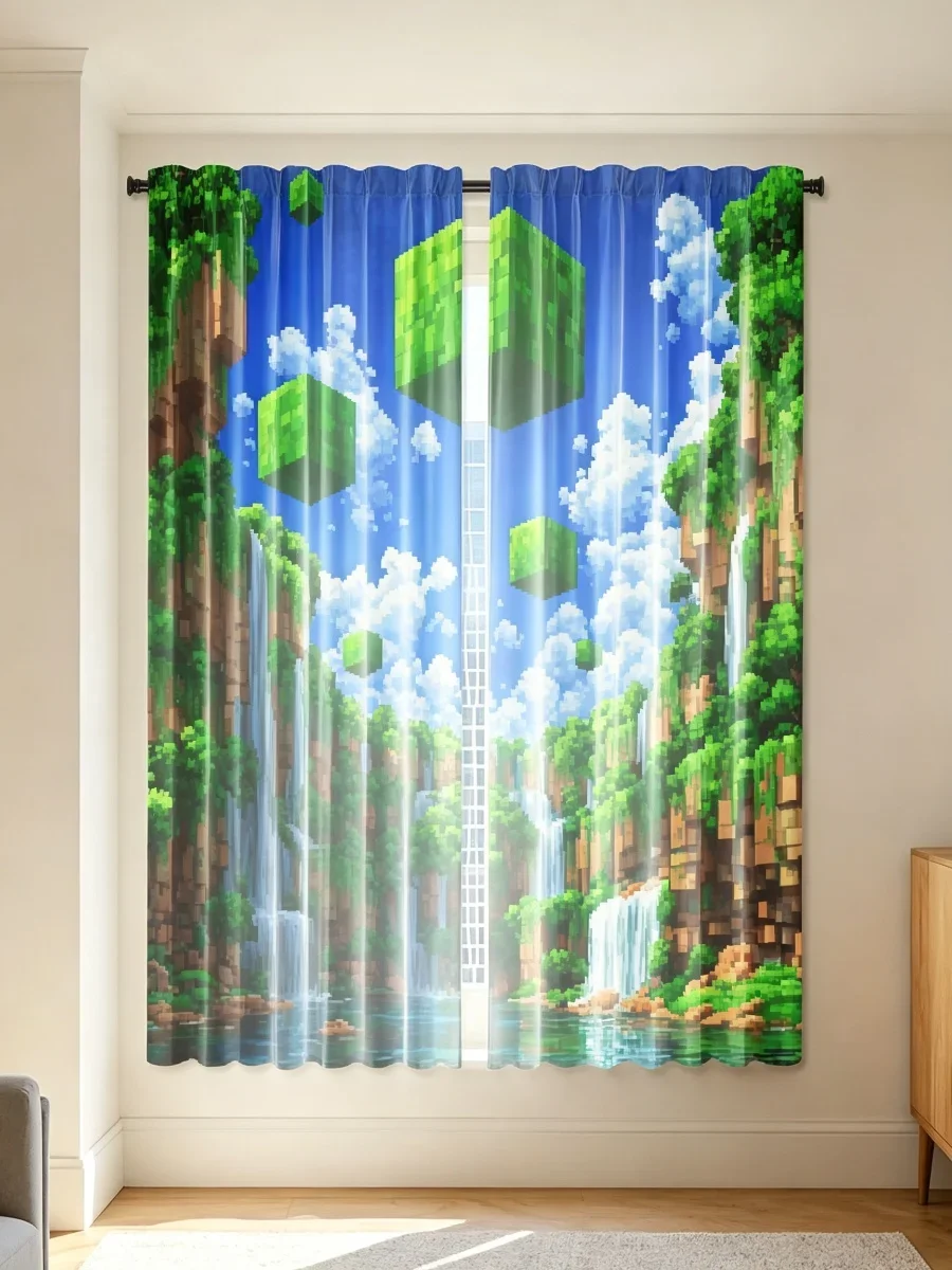 Vibrant Tropical Waterfall Landscape Curtain Blue Sky Green Foliage Home Decor Window Treatment