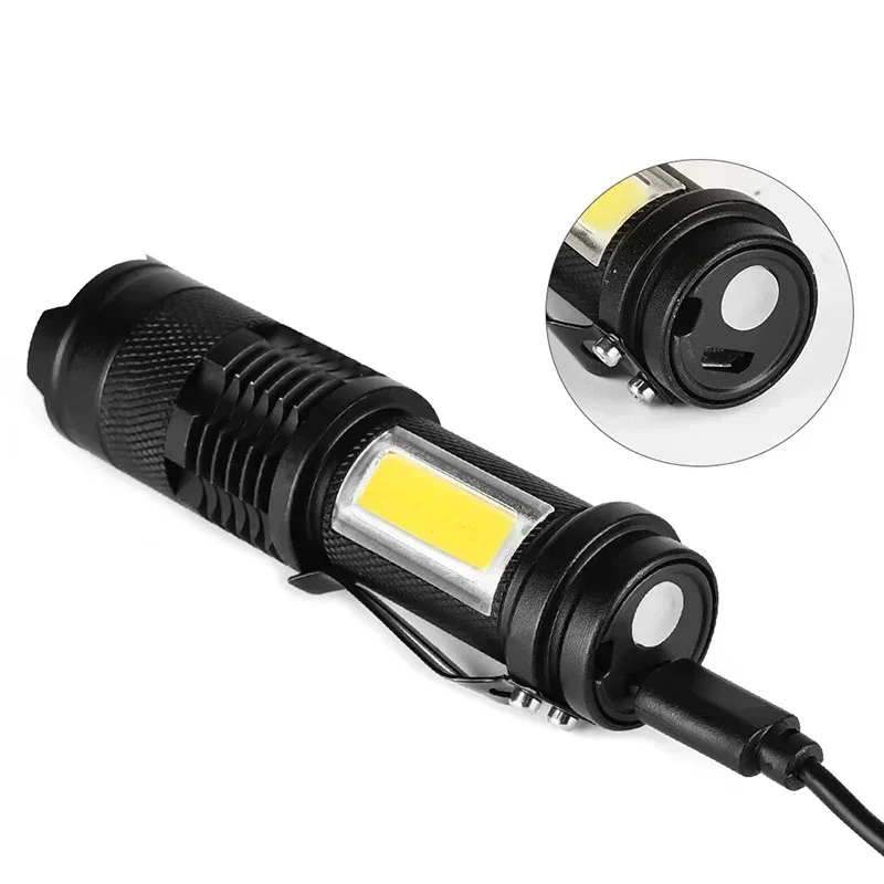 LED COB Mini Flashlight USB Rechargeable Torch Powerful Zoomable Portable Light 3 Lighting Modes Lantern for Outdoor Emergency
