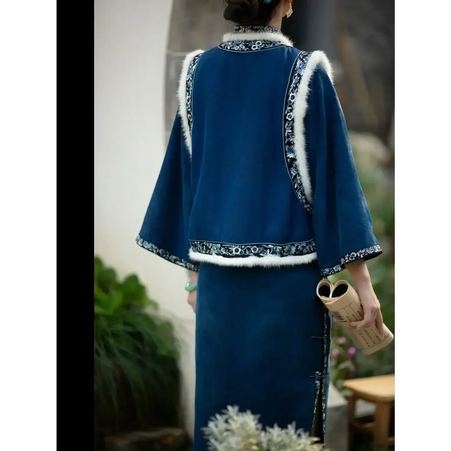 Autumn Winter Qing Dynasty Tang Suit Suit with Top Cheongsam Dress Inner  Vintage Fur Collar Thickened Vest for Women Plus Size