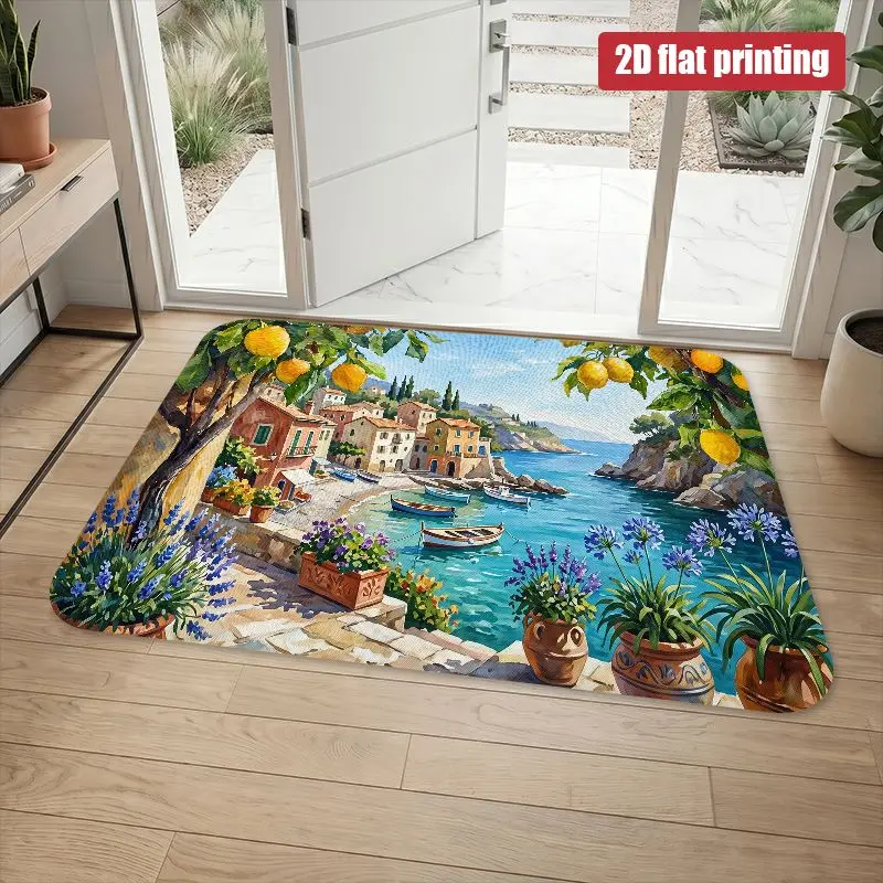 Durable Polyester Printed Area Rug Mediterranean Coastal Beach Scene Mat Runner for Summer Home Decoration Greek Vacation Decor