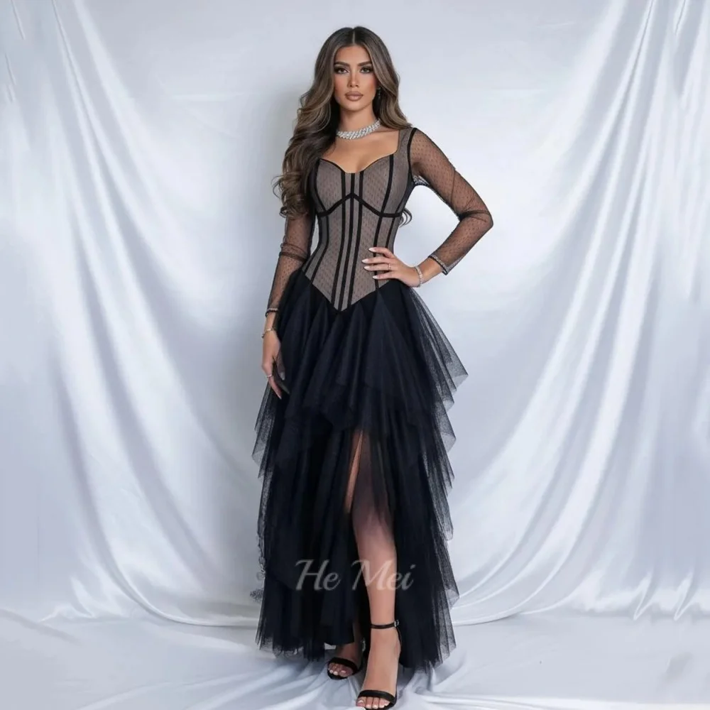 

Tulle Black Customized Prom Dresses Evening Dress Long Sleeves Illusion Simple Party Gowns Floor Length Vestidos De Novia