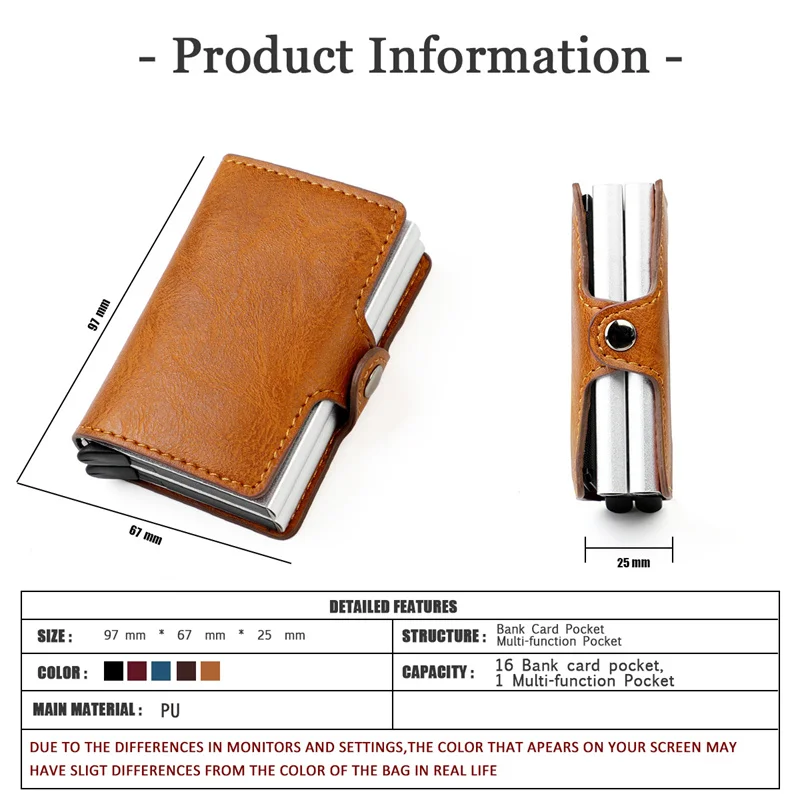 Anti-theft Brush Aluminum Box Card Holder with Snap PU Leather Multi-card Slot Money Clip Automatically Pop Up Credit Card Cover