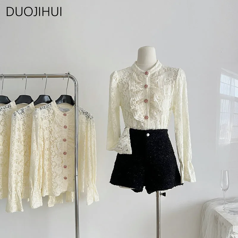 

DUOJIHUI Classic Half High Neck Chic Ruffles Lace Female Blouse Spring Basic Long Sleeve Fashion Simple Casual Slim Women Blouse