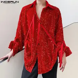 INCERUN Men Irregular Shirt Sequins Transparent Sparkling Lapel Long Sleeve Men Clothing Streetwear 2024 Party Fashion Camisas