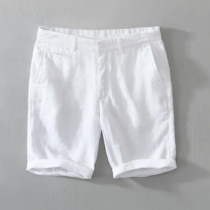 Pure Linen Shorts for Men 2023 Summer New Fashion Solid White Loose Holiday Shorts Man Casual Plus Size Button Fly Short Pants