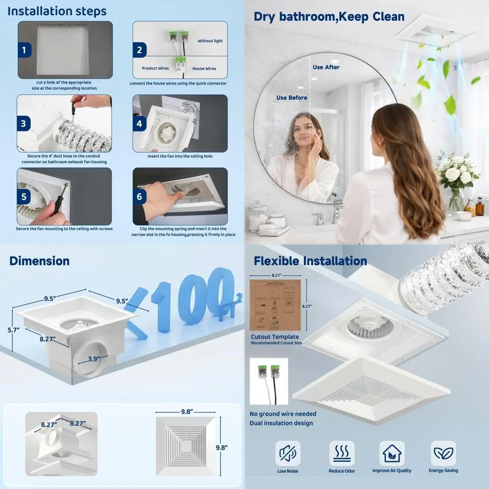 

Ultra Quiet 100 CM 1.0 Sones Ceiling Exhaust Fan, 9.8 Panel, 8.27 Mount, 4 Duct, Energy Efficient for Home and Office Bathroom V
