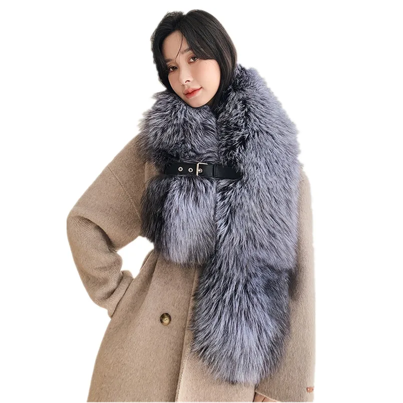 

Women's New Real Fox Fur Collar Shawl Female Fashion Wraps Winter Warm Soft Gray Red White Scarves with Belt