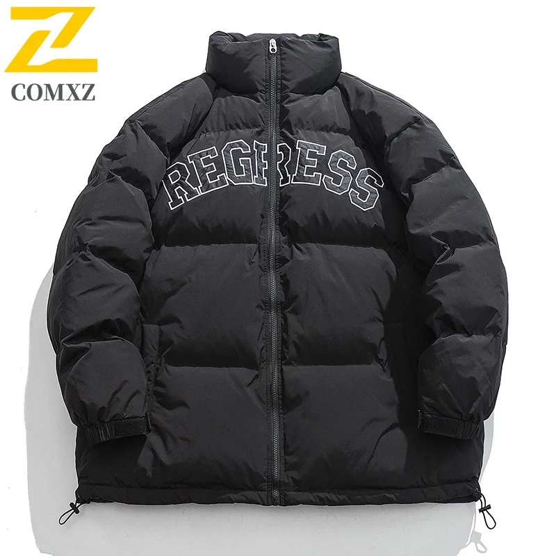 

COMXZ 2025 зимняя американская винтажная нашивка с надписью и вышивкой, воротник-стойка, теплая морозостойкая свободная повседневная хлопковая куртка, новое пальто